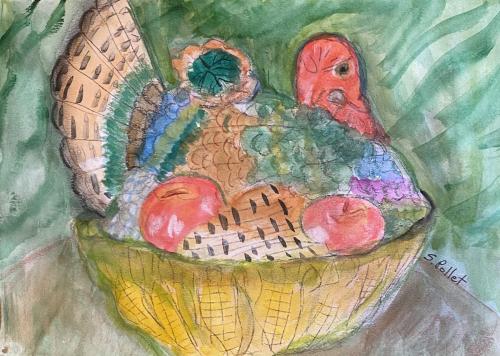 Thanksgiving Turkey Soup Tureen7”X10”Acrylic, Watercolor, Pastel Pencils, and Graphite Pencil
