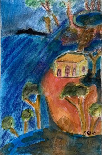 Dreamy House5.5” X 8.5”Watercolor, Conte Pencil, Pastel Pencils