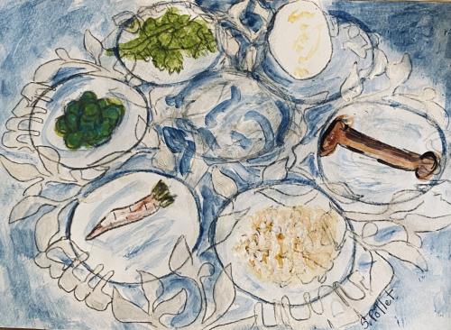 Seder Plate Comme Chagall7”X10”Acrylic, Pastel Pencils, and Graphite 