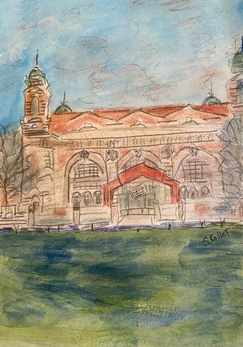 Ellis Island Main Building7”X10”Acrylic, Pastel Pencils, and Graphite 