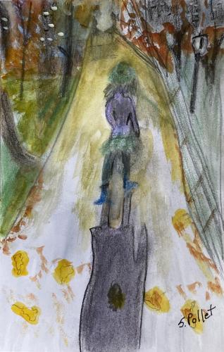Walking In Central Park NYC in December5.5” X 8.5”Watercolor, Black Ink, Oil Pastels and Pastel Pencils