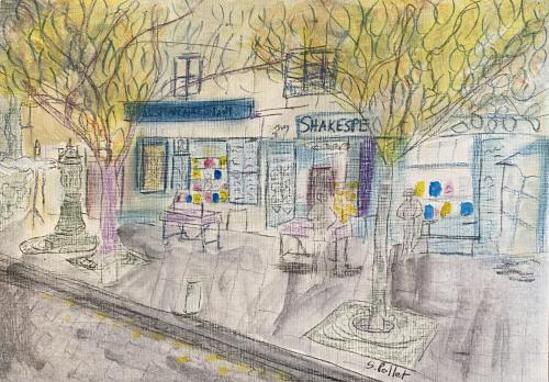 Shakespeare And Co. Paris8 1/2” X 12”Acrylic, Gouache, Pastel Pencils, and Graphite