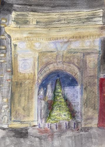 Washington Square Arch At Night7”X10”Acrylic, Watercolor, Pastel Pencils, and Graphite Pencil