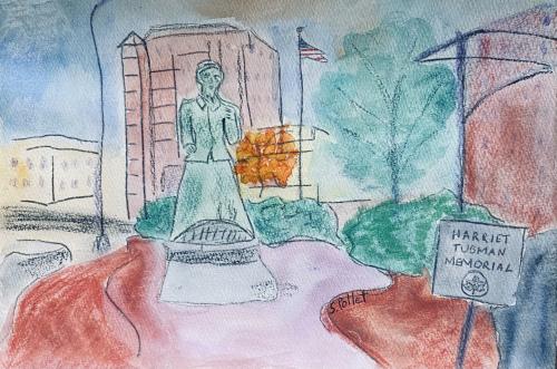 Harriet Tubman’s Statue In Harlem, NYC7”X10”Watercolor, Pastel Pencils and Graphite Pencil