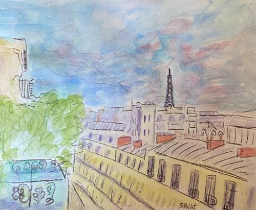 Paris View7”X10”Watercolor, Pastel Pencils and Graphite Pencil