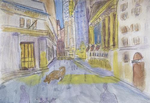 Wall Street NYC7”X10”Acrylic, Pastel Pencils, and Graphite 