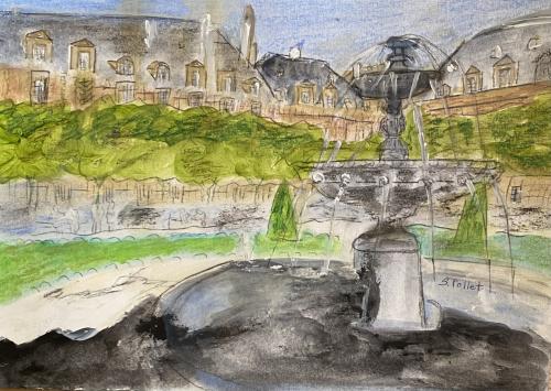 Place De Vosges Paris9” X 12”Acrylic, Gouache, Pastel Pencils, and Graphite