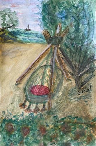 Wicker Chair on Palm Beach, Aruba5.5” X 8.5”Watercolor, Oil Pastels, and Pastel Pencils