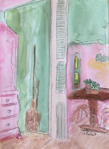Long View Of A Room Dutch Style7” X 10”Watercolor, Pastel Pencils, Oil Pastels and Graphite Pencil