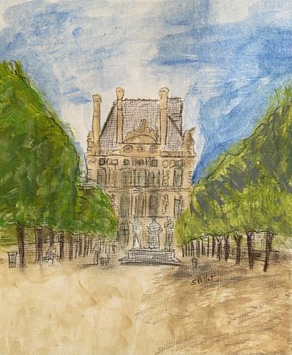 Tuileries Garden Paris9 1/2” X 12”Acrylic, Gouache, Pastel Pencils, and Graphite