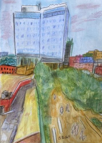 The High Line Park in NYC7” X 10”Watercolor, Pastel Pencils and Graphite Pencil