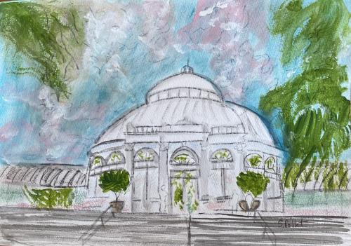 Conservatory in NY Botanical Gardens7”X10”Acrylic, Pastel Pencils, Graphite and gouache