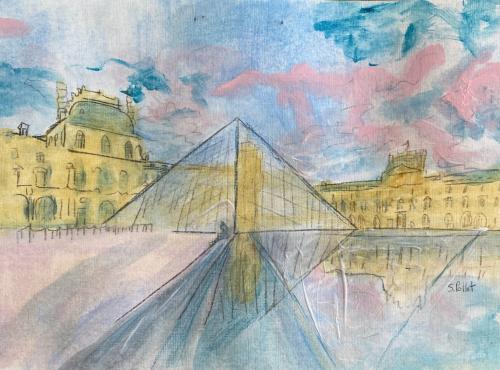 Louvre Museum Paris8 3/4” X 12”Acrylic, Gouache, Pastel Pencils, and Graphite
