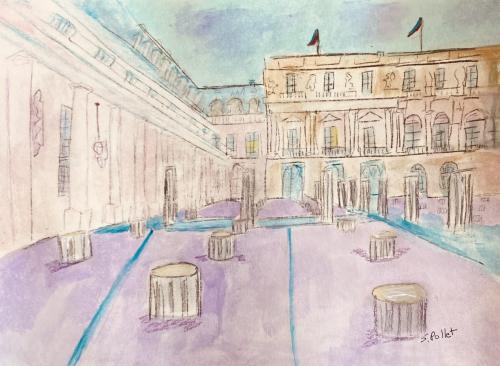 Palais Royale Paris9” X 12”Acrylic, Gouache, Pastel Pencils, and Graphite