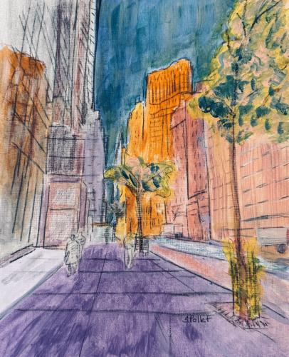 NYC 57th Street Looking West9” X 12”Acrylic, Gouache, Pastel Pencils, and Graphite