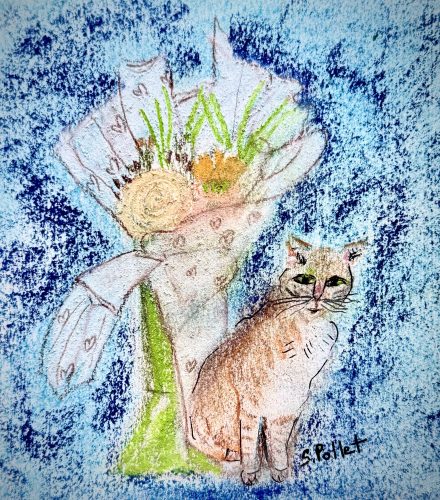 Cat Series: Flowers and Cat Love5.5”X 8.5”Pastels on Paper