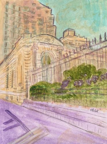NYC Series:  The Frick Museum9” X 12”Acrylic, Gouache, Pastel Pencils, Ink and Graphite