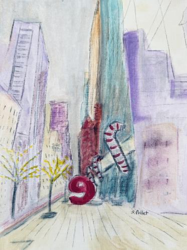 NYC Series: West 57th Street9” X 12”Acrylic, Gouache, Pastel Pencils, Ink and Graphite
