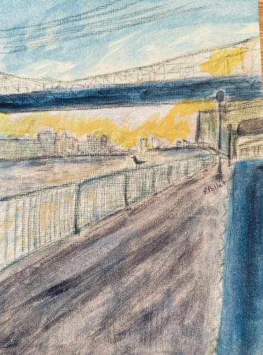 NYC Series:  East River Esplanade9” X 12”Acrylic, Gouache, Pastel Pencils, Ink and Graphite