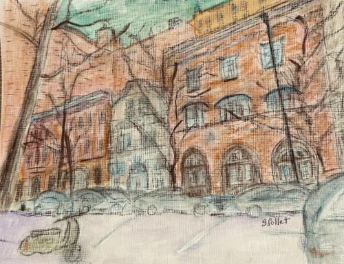 NYC Series:  Upper East Side Carriage Houses9” X 12”Acrylic, Gouache, Pastel Pencils, Ink and Graphite