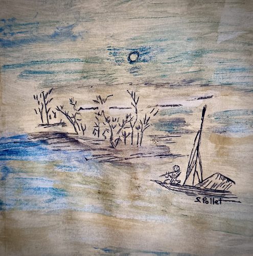 Asian Series:  Floating In Blue7”X10”Acrylics and Pastels on Paper