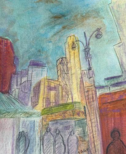NYC Columbus Circle9” X 12”Acrylic, Gouache, Pastel Pencils, Ink and Graphite