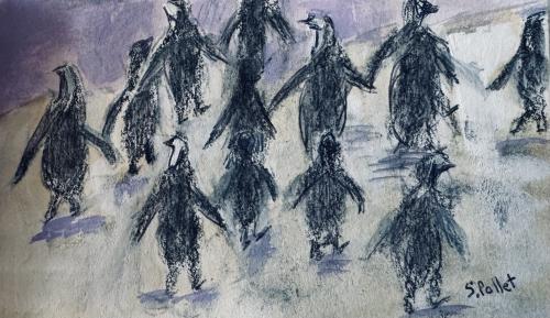 Penguins Holding Hands5”X8”Acrylic, Gouache, Pastel Pencils