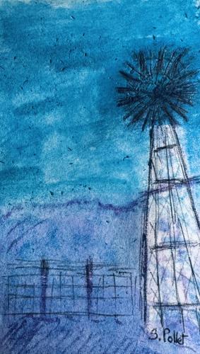 Windmill Blues5”X8”Acrylic, Gouache, Pastel Pencils