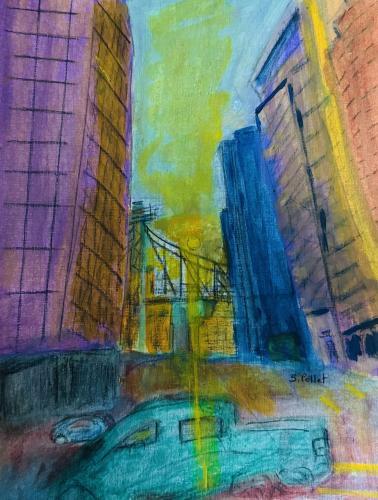 59th Street Bridge NYC9”X12”Acrylic, Gouache, Pastel Pencils