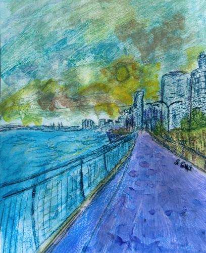 East River Esplanade NYC8”X5”Acrylic, Gouache, Pastel Pencils
