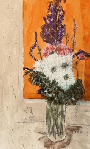 Bouquet Against Marble9”X12”Acrylic, Gouache, Pastel Pencils