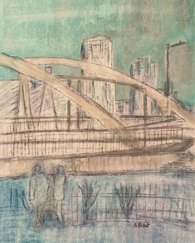 NYC Series:  East River Esplanade9”X12”Acrylic, Gouache, Pastel Pencils