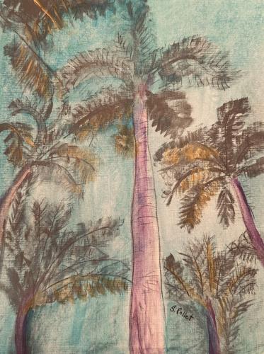 Looming Palms9”X12”Acrylic, Gouache, Pastel Pencils