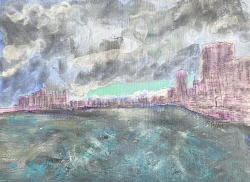 East River Esplanade Clouds9”X12”Acrylic, Gouache, Pastel Pencils