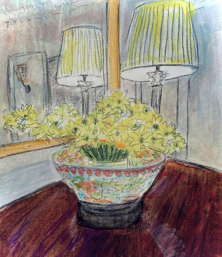 NYC Lobby Daffodils9”X12”Acrylic, Gouache, Pastel Pencils