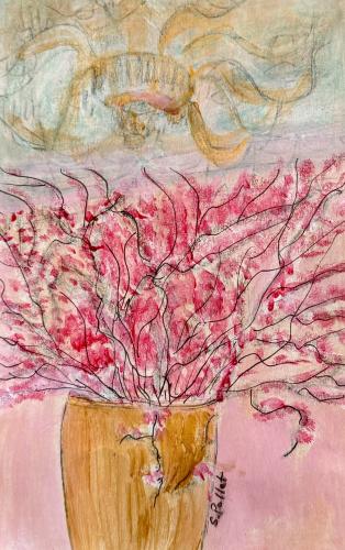 NYC Series:  Chandelier and Cherry Blossoms5.5”X 8.5”Acrylic, Gouache, Pastel Pencils