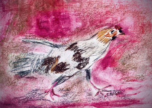 Rooster Love: The Dawn Of A New Day7”X10”Acrylics and Pastels on Paper