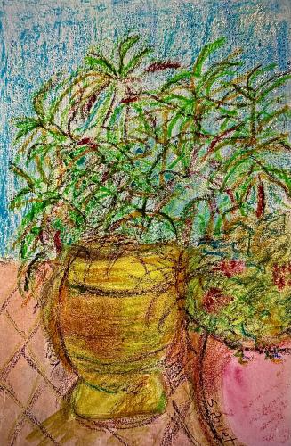 Pots of Luck5.5”X8.5”Watercolor, Watercolor Pencils, Oil Pastels