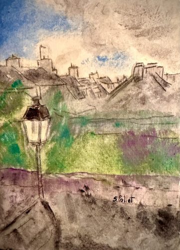 Rooftops and Street Lamp6”X 8”Acrylics and Pastels on Handmade Paper