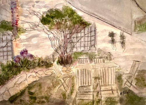 Cozy Back Yard6”X 8”Acrylics and Pastels on Handmade Paper