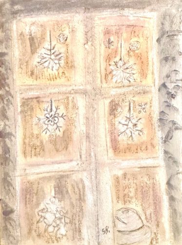 Snowflakes On A Window6”X 8”Acrylics and Pastels on Handmade Paper