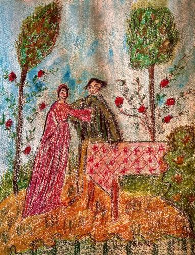 Greek Folk Art9” X 12”Oil Pastels, Pastel Pencils, Acrylic