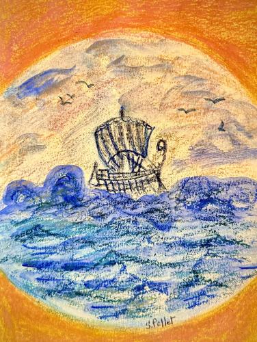 Greek Ship Of Old5.5” X 8.5”Acrylic, Pastel Pencils, Oil Pastels