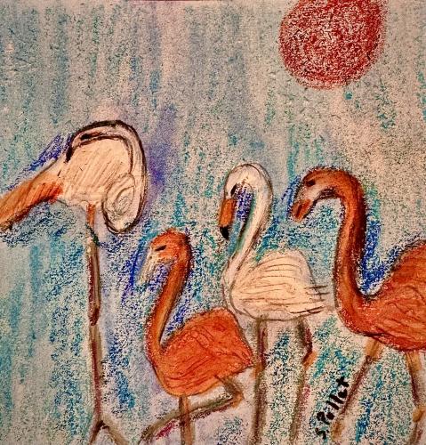 Fancy Flamingos5.5” X 5.5”Oil Pastels, Pastel Pencils, Graphite