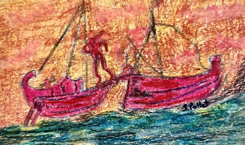 Tipping The Boat5.5” X 8.5”Oil Pastels, Pastel Pencils, Graphite