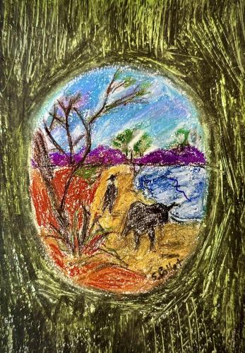 Farming By The Sea5.5” X 8.5”Oil Pastels and Pastel Pencils on Paper