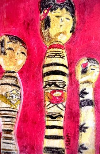 Kokeshi Folk Dolls5.5” X 8.5”Acrylics and Pastels on Paper