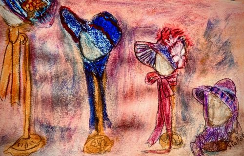 Jane Austen Era Hats5.8”x 8.3”Acrylics and Pastels on Paper