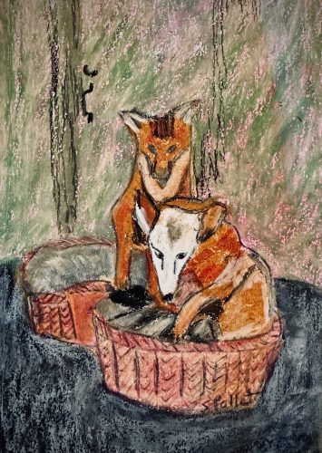 Fox And Dog5.8”x 8.3”Acrylics and Pastels on Paper
