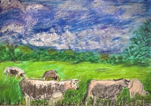 Cow Contentment5.5”X 8.5”Acrylics and Pastels on Paper